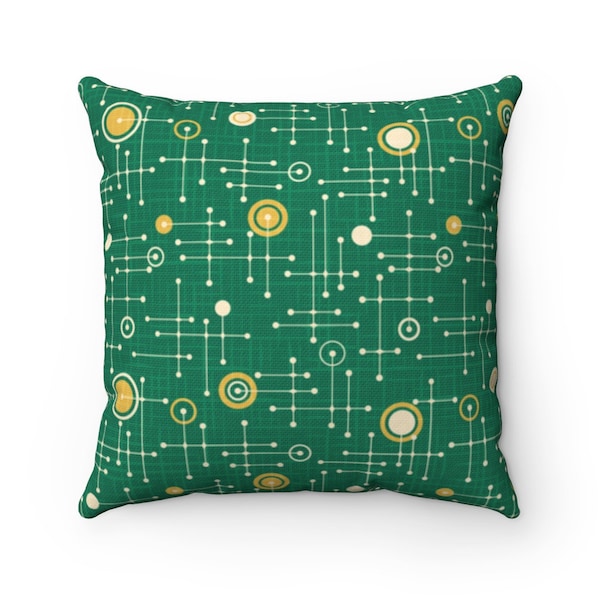 Eames Inspired Atomic Balls on Green Mid Century Modern Christmas Square Throw Pillow. 2-Sided Design for 1950s or 60s Xmas Retro Décor.