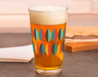 Eames Inspired Abstract Leaves 16oz Pint Beer Glass | Teal and Orange, Mid Century Modern, Barware Glasses, Ale, Retro Beer Glasses