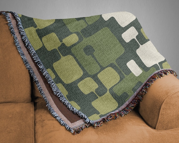 Mid Century Modern Lime Green And White Geometric Abstract 100% Cotton Woven Throw Blanket For 50s 60s Retro Living Room Or Bedroom Decor