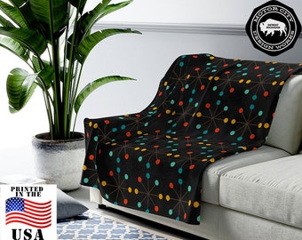 Black ATOMIC STARBURST Lightweight Velveteen Throw Blanket | Mid Century Modern, MCM Blanket, Modernist, Mid Century Modern Décor, Eames