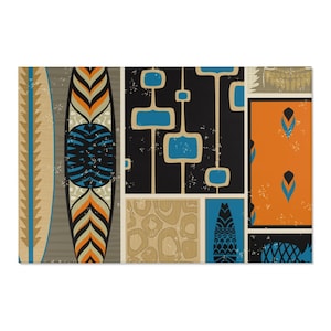 May include: A colorful abstract pattern with geometric shapes and designs in shades of blue, orange, black, and brown. The pattern is reminiscent of a Hawaiian or Polynesian style.