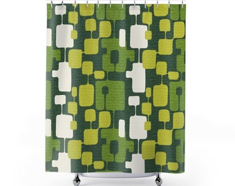 May include: A green and white shower curtain with a geometric pattern of squares and rectangles. The pattern is reminiscent of 1960s and 1970s design.