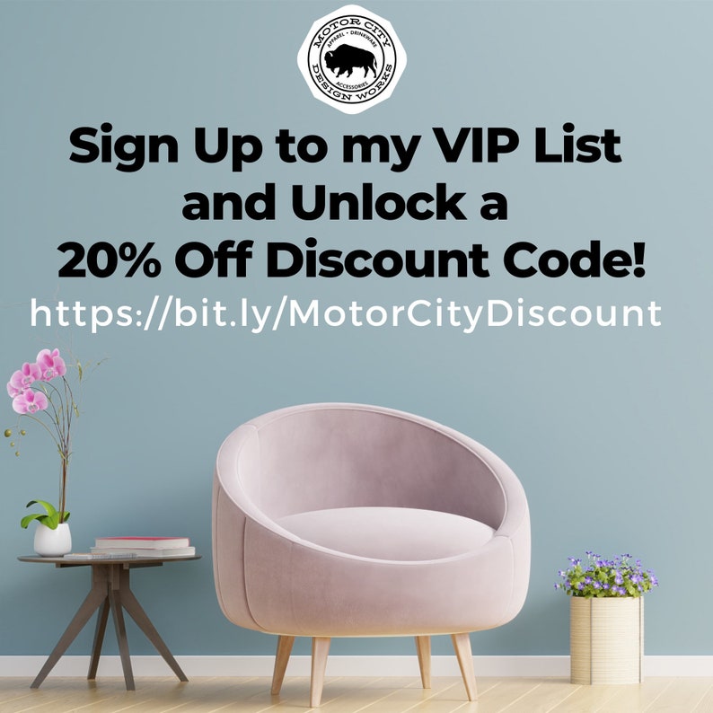 May include: A graphic with a blue background and a pink armchair. The text reads "Sign Up to my VIP List and Unlock a 20% Off Discount Code!" and includes a link to "https://bit.ly/MotorCityDiscount".