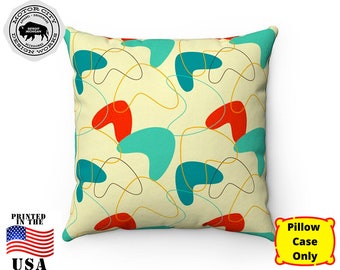 Retro Square Pillow Cover - Teal Atomic Boomerang Mid Century Modern | Modernist, Decorative Pillow, Mid Century Décor, Eames, Atomic Age
