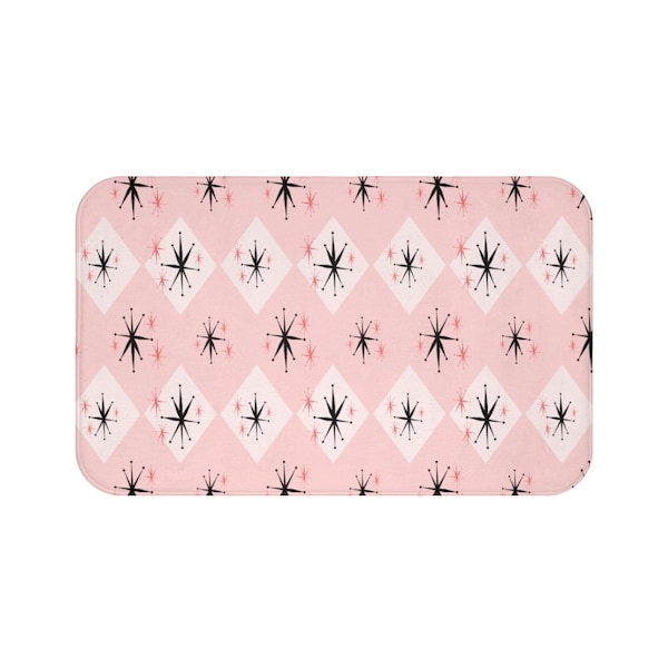 Pink Diamond Starburst Mid Century Modern Absorbent Microfiber Bath Mat in Two Sizes for 50s or 60s Retro Atomic Age Bathroom Decor