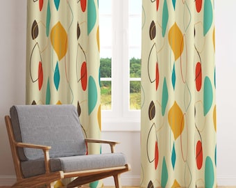 Mid Century Modern Abstract Ovals Retro Window Curtains in Teal, Gold, Brown, Red, and Cream. Blackout Or Sheer For Atomic Age Home Decor
