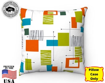 Retro Pillow Cover - Eames Inspired Sage Green, Burnt Orange Geometric Square | Mid Century Modern, Modernist, 50s 60s Atomic Age Decor