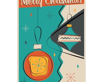 May include: A retro-style Christmas card with the words "Merry Christmas" in a vintage font. The design features two hanging ornaments in orange and teal, with starburst and snowflake accents. The background is teal and beige.