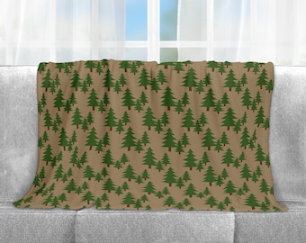 Green Woodsy Pine Trees Lightweight Velveteen Fleece Throw Blanket for Picnics, Cabin, Outdoors, Hunting, Fishing, Beach, Pets, Car
