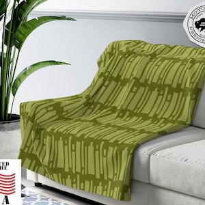 Green Bamboo Tiki  Geometric Velveteen Lightweight Throw Blanket | Mid Century Modern, mcm Blanket, Modernist, Mid Century Modern Décor