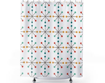 White ATOMIC STARBURST Shower Curtain | MCM Bathroom, Modernist, Retro Bathroom, Bathroom Décor, Century Modern, Mod Vintage