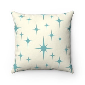50s Atomic Age Teal Blue Starburst Square Retro Throw Pillow | Mid Century Modern, Decorative Pillow, Couch Cushion, Mid Century Décor