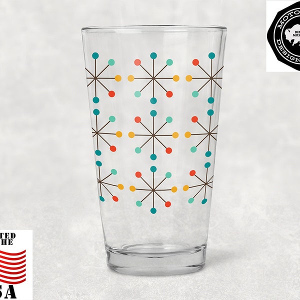 Atomic Clock Starburst Mid Century Modern Pint Beer Glass  | MCM, Barware Glasses, Vintage Home, Ale, Beer Glasses