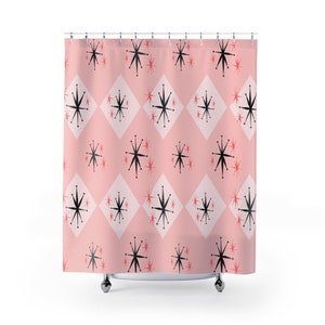 Pink Diamond Starburst Mid Century Modern 71x74 Shower Curtain in Durable Polyester for 50s or 60s Retro Atomic Age Bathroom Decor