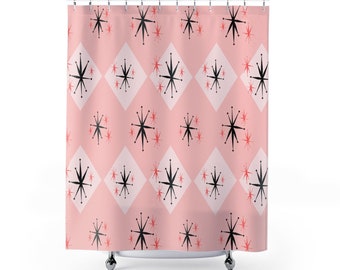 Pink Diamond Starburst Mid Century Modern 71x74 Shower Curtain in Durable Polyester for 50s or 60s Retro Atomic Age Bathroom Decor