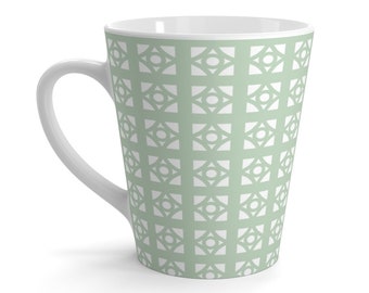 Mid Century Modern Sea Green Breeze Block Pattern 12oz Latte Cup. Retro Ceramic Coffee Mug or Tea Cup for Vintage 50s 60s Kitchen Decor.