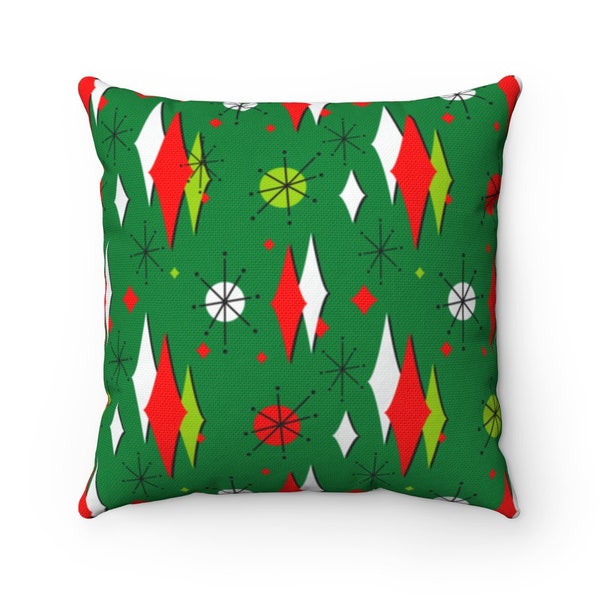 Retro Holiday Diamonds with Atomic Starbursts on Green Background Mid Century Modern Square Christmas Throw Pillow. 1950s 60s Xmas Decor