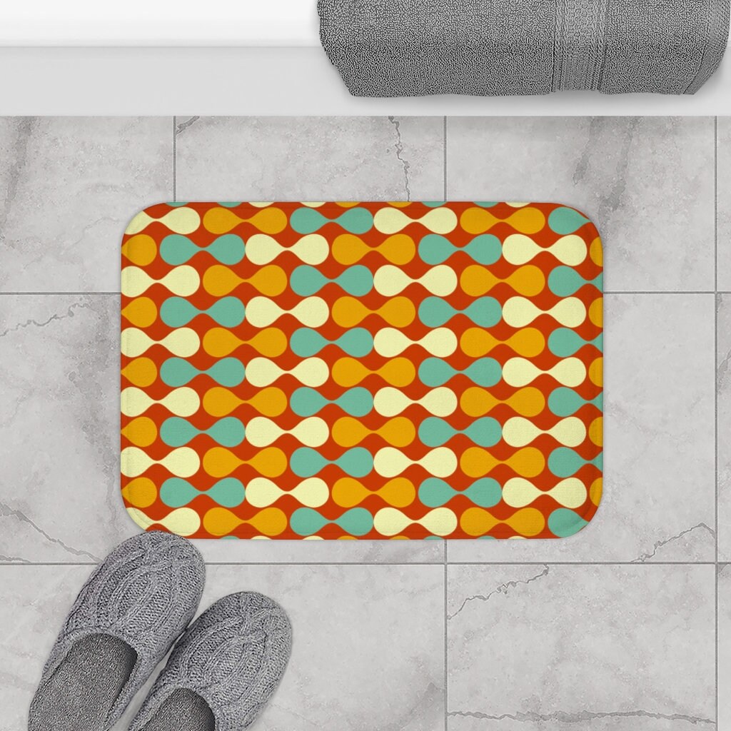 Mid Century Modern Retro Geometric Bath Mat, 50s MCM Cream Teal Mustard Rust Bathroom Accent main image 1