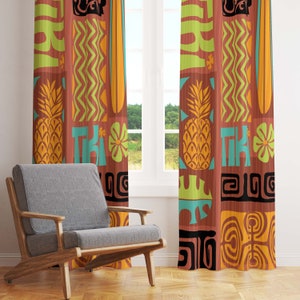 Mid Century Modern Island Tiki Retro Window Curtains in Bright Lime, Turquoise, and Orange. Blackout or Sheer for Atomic Age Home Decor