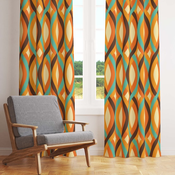 Funky 60s 70s Retro Waves Swirls Window Curtains in Burnt Orange