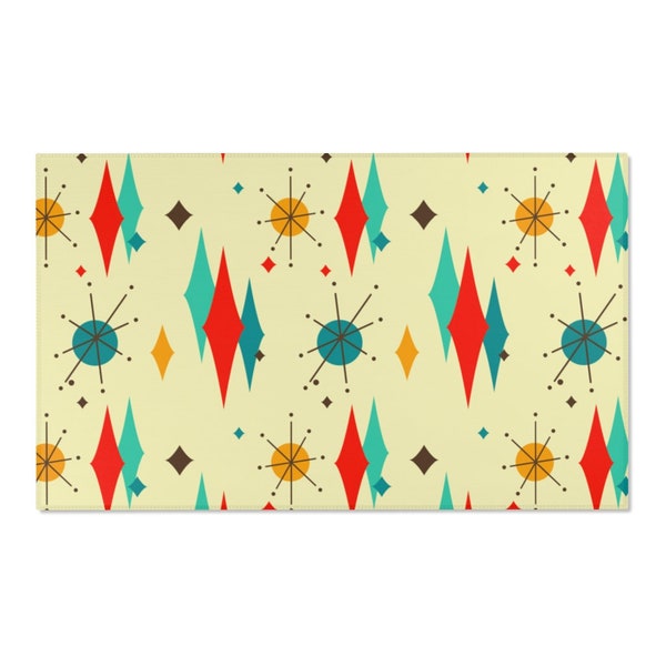 Atomic Starburst Diamond Mid Century Modern Retro Area Rug for Living Room Bedroom Kitchen | Orange, Teal, Mid Century Décor, Eames Inspire