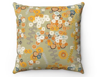 Gold Burnt Orange Hawaiian Hibiscus Flower Mid Century Throw Pillow | Square, 2-Sided, Zipper, Modern, Decorative Pillow, 1950s, Floral