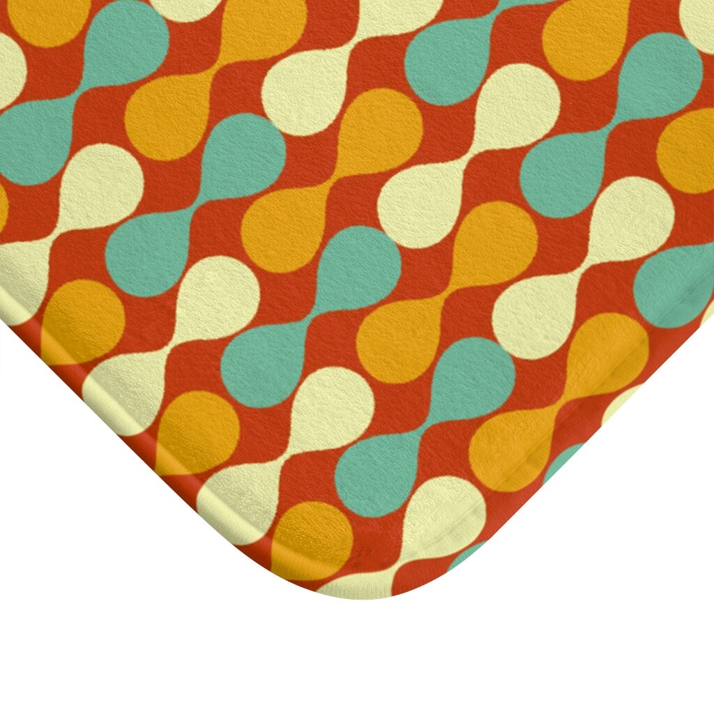 Mid Century Modern Retro Geometric Bath Mat, 50s MCM Cream Teal Mustard Rust Bathroom Accent