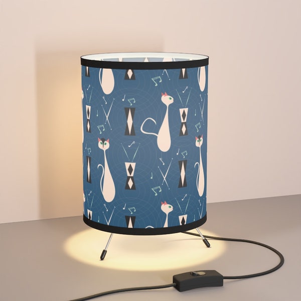 Cool Retro Atomic Jazz Cats Mid Century Modern Tripod Table Lamp with Wrap-Around Shade & Switch. For Living Room, Bedroom, or Home Office