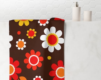 Funky Orange Mod Daisies Polyester and Absorbent Cotton 30x60 Bath or Beach Towel for 60s & 70s Retro or Boho Bathroom Decor