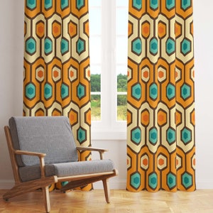 Funky 60s 70s Retro Geometric Window Curtains in Burnt Orange, Teal Blue, Brown, and Cream. Blackout Or Sheer For Atomic Age Home Decor