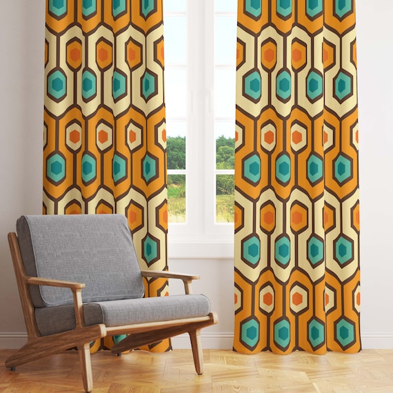 Funky 60s 70s Retro Geometric Window Curtains in Burnt Orange