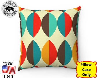 Retro Square Pillow Cover - Geometric Abstract Leaves, Mid Century Modern, Burnt Orange, Mustard, Teal, Brown, Vintage Home Decor