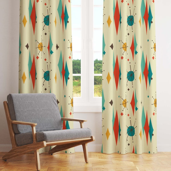 Mid Century Modern Diamonds & Starbursts Retro Window Curtains in Orange, Teal, Mustard Yellow. Blackout Or Sheer For Atomic Age Home Decor