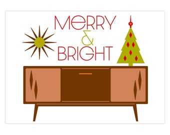study table on wall Blank Inside 10-Pack Mid Century Modern Stereo Console With Holiday Tree And Wall Clock Christmas Cards. Pre-Folded With Envelopes.