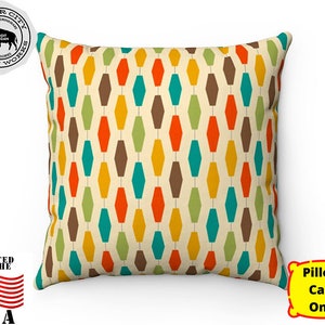 Square Pillow Cover - Eames Inspired Geometric Lamps, Mid Century Modern, Brown, Teal, Mustard Yellow, Atomic Age