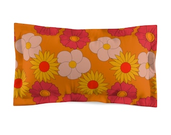 70s Funky Orange Flowers Abstract Microfiber Retro Pillow Sham | Boho Décor 1970s Mod Floral Retro Bedding and Bedroom Decor