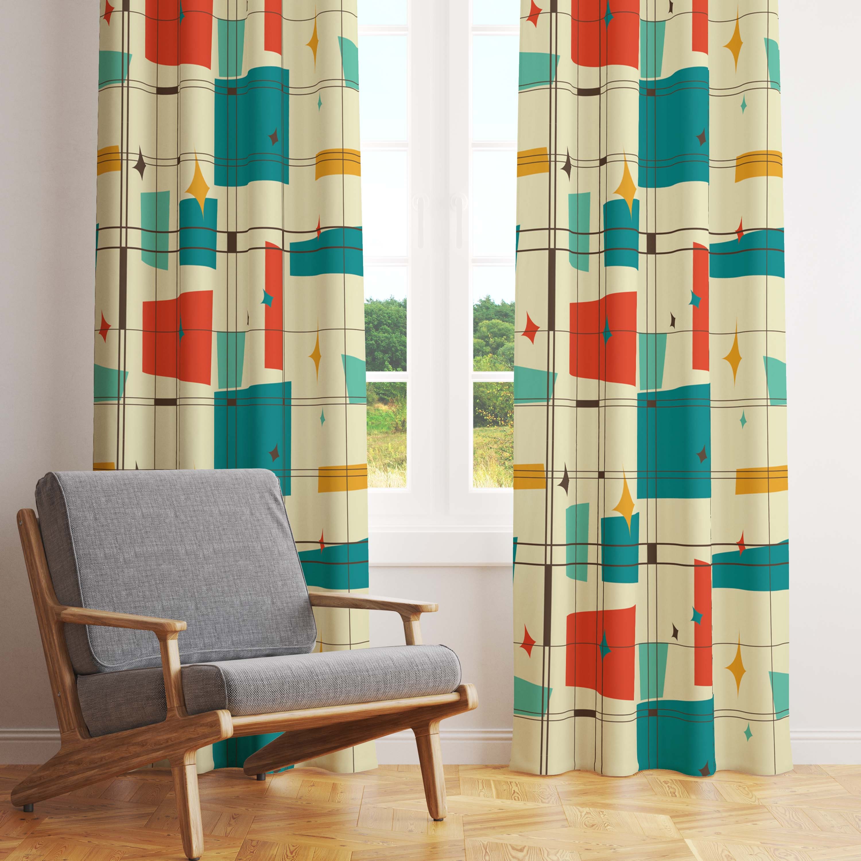 Mid Century Modern Abstract Squares & Lines Window Curtains in Etsy