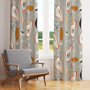 Mid Century Modern Ovals Amoebas & Starbursts on Grey Retro Window Curtains. Blackout Or Sheer For Atomic Age Living Room Bedroom Decor