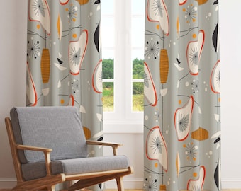 Mid Century Modern Ovals Amoebas & Starbursts on Grey Retro Window Curtains. Blackout Or Sheer For Atomic Age Living Room Bedroom Decor