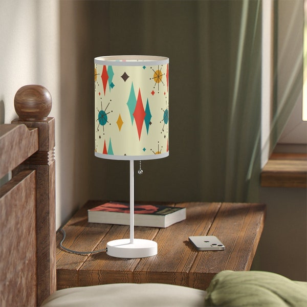 Atomic Starbursts and Diamonds Mid Century Modern Table Stand Lamp with Wrap-Around Shade & Switch. For Living Room, Bedroom, Home Office