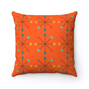 ATOMIC STARBURST Mid Century Modern Square Throw Pillow | MCM, Modernist, Decorative Pillow, Mid Century Modern Décor, Eames, Orange