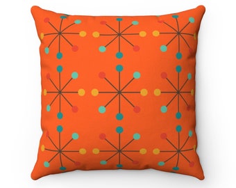 ATOMIC STARBURST Mid Century Modern Square Throw Pillow | MCM, Modernist, Decorative Pillow, Mid Century Modern Décor, Eames, Orange