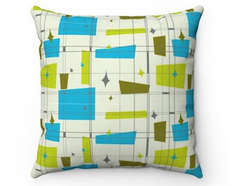 Teal Green & Blue Mid Century Geometric Abstract Square Throw Pillow | MCM, Mid Century Modern Décor, Franciscan Squares, Retro Design