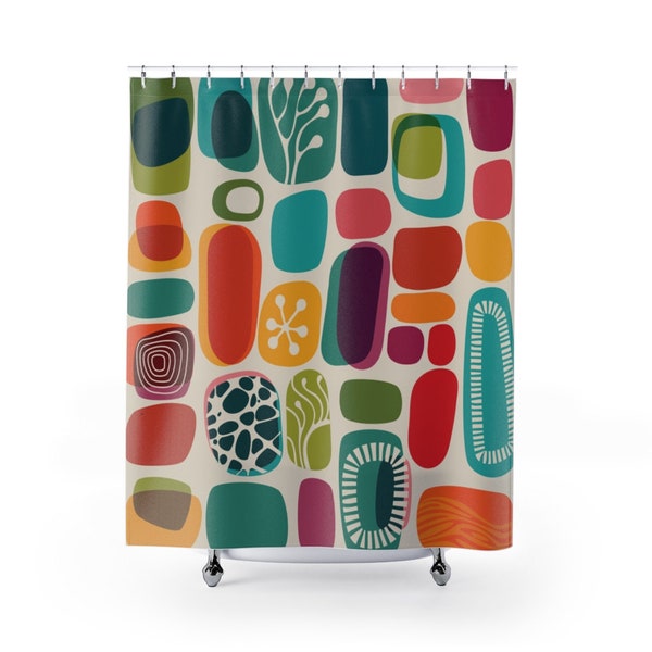 Groovy Mod Colorful Abstract Ovals Mid Century Modern 71x74 Shower Curtain in Durable Polyester for 50s or 60s Bathroom Decor