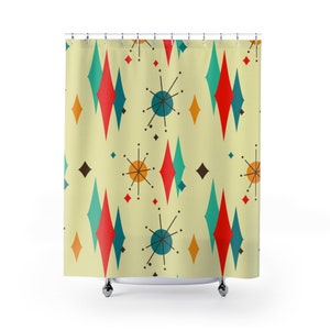 May include: A shower curtain with a retro mid-century modern design featuring a repeating pattern of teal, red, and orange diamonds and stylized starbursts on a light yellow background.