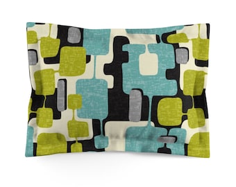 Lime & Teal Abstract Atomic Age Microfiber Retro Pillow Sham Aqua Blue, Green, Black | Mid Century Modern, 50s, Abstract, Bedroom Decor