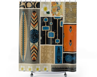 Hawaiian Tiki Idol Tropical Pattern Mid Century Modern 71x74 Shower Curtain in Durable Polyester for 50s or 60s Retro Island Bathroom Decor