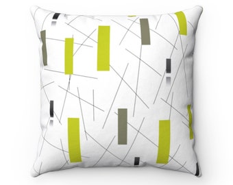 Mid Century Modern Geometric Sage Green Blocks on White Background Square Throw Pillow for Retro 50s 60s Living Room or Bedroom Decor