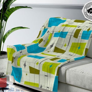 Lightweight Teal Green & Blue Squares with Geometric Lines and Diamonds Throw Blanket | Mid Century Modern, 50s 60s Retro Living or Bedroom