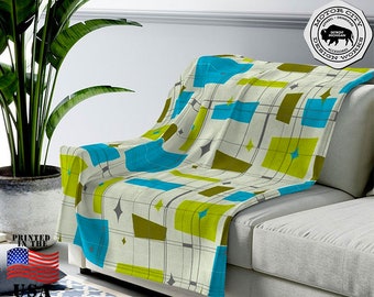 Lightweight Teal Green & Blue Squares with Geometric Lines and Diamonds Throw Blanket | Mid Century Modern, 50s 60s Retro Living or Bedroom
